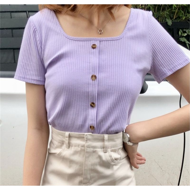 Integration gået vanvittigt uudgrundelig Purple Button Top Tshirt Pastel Violet Square Neck ribbed shirt short  sleeve | Shopee Philippines