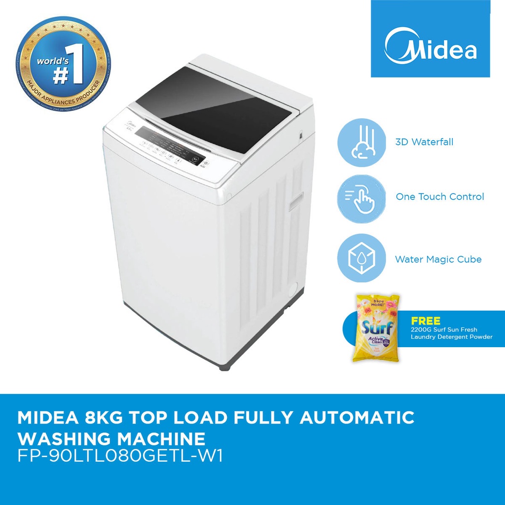 Midea 8kg Top Load Fully Automatic Washing Machine FP90LTL080GETLW1 [with Free Surf