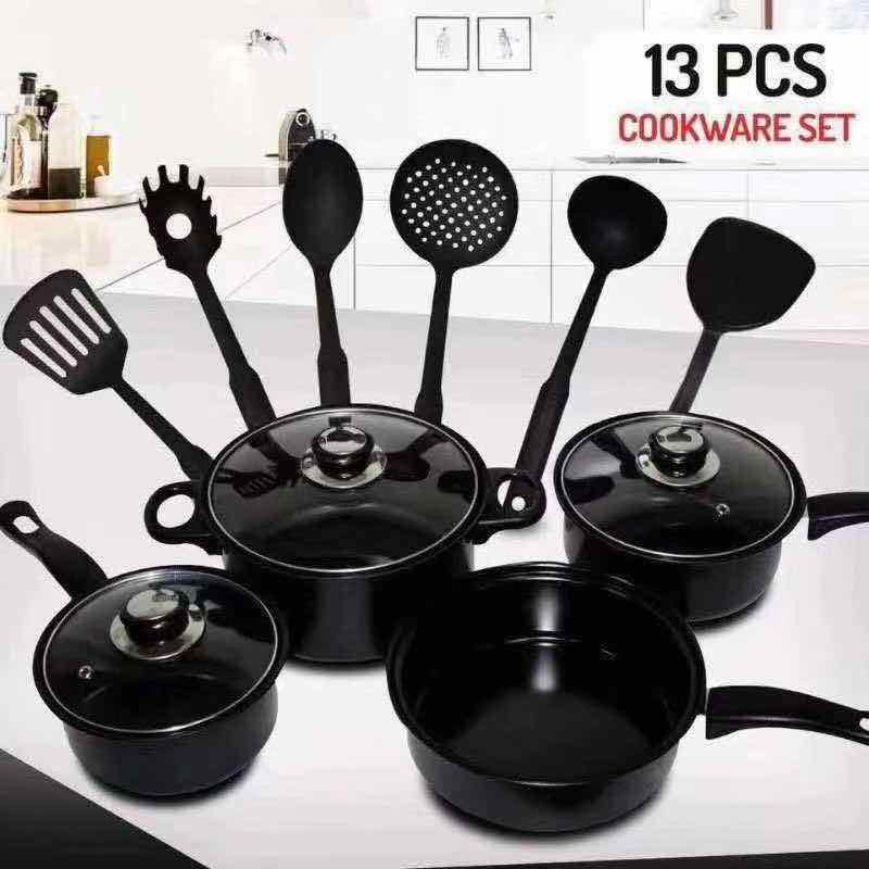 13pcs Kitchen Nonstick Cookware & Utensil Set Tools (BLACK) Shopee
