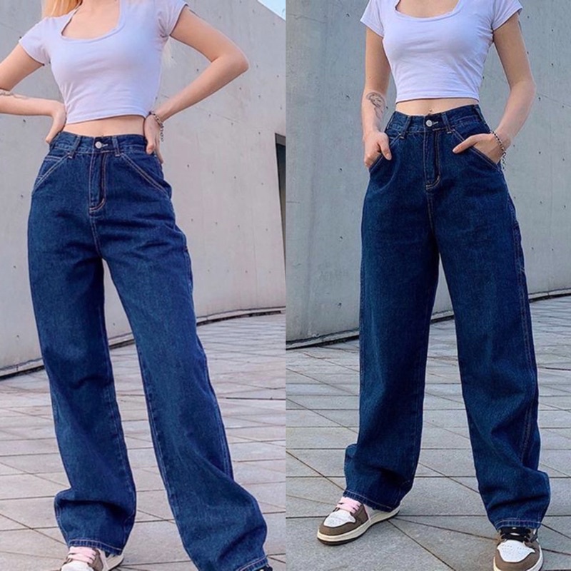 Highwaist Denim Pants Dark Blue Wide Leg Squarepants Baggy Jeans ...