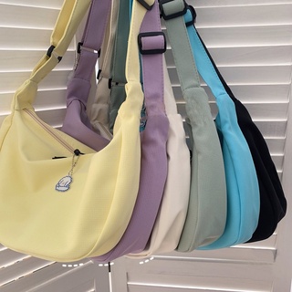 2022 Summer New Style Bags Korean Version All-Match Student ins Japanese Harajuku Simple Waffle Casual Literary One-Shoulder Diagonal Solid Color Big Dumpling Bag Canvas