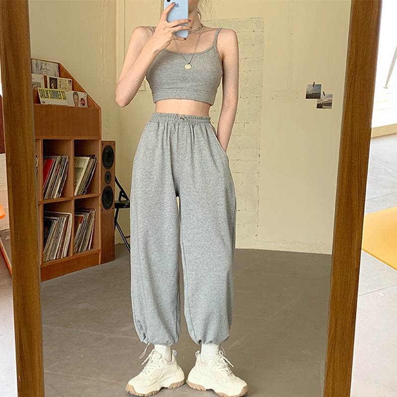 Sweat Pants Korean Style Loose Jogging Sweatpants Women 's Grey High
