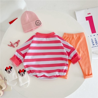 [Onhand] Autumn Summer Style Korean Version Trendy 0-2 Years Old Male Female Baby Long-Sleeved Trousers Jumpsuit Suit Striped Cartoon Minnie Mickey Print Triangle Romper #5