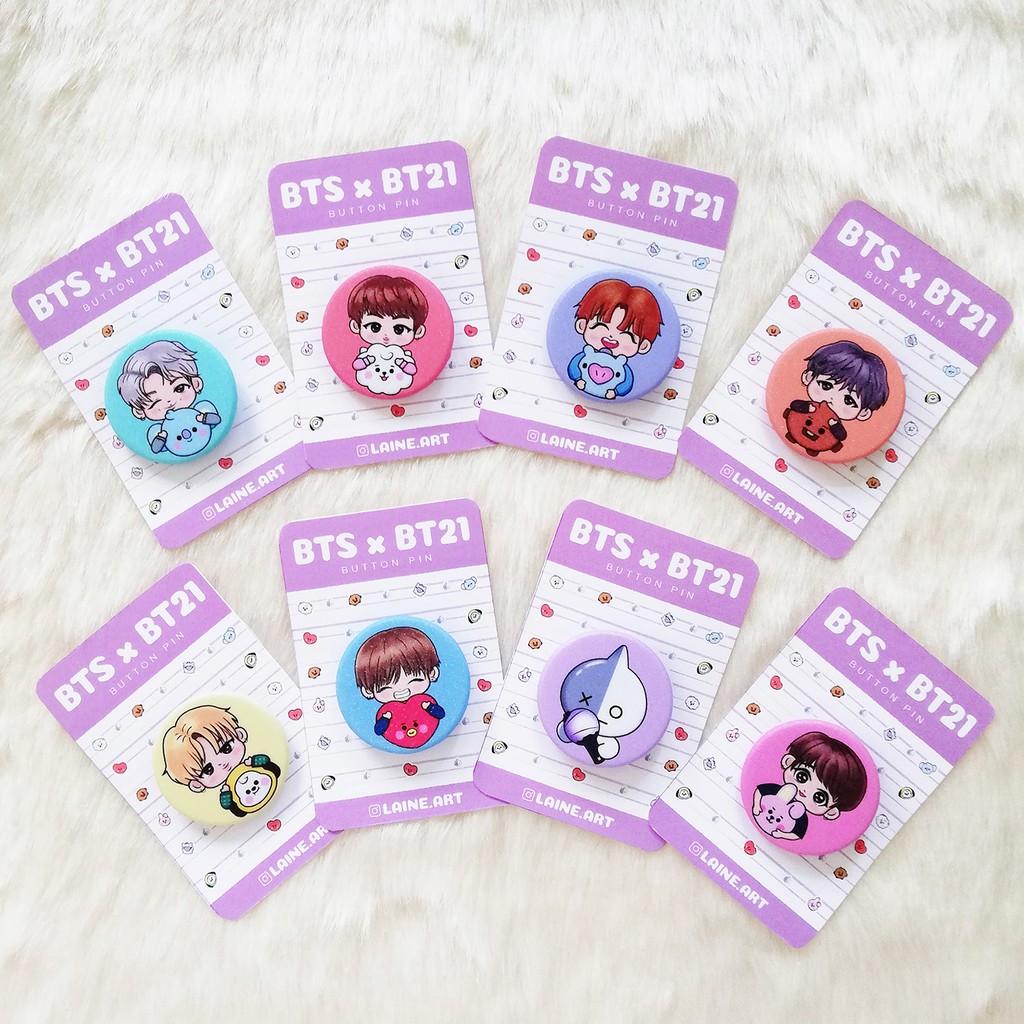 Chibi BTS x BT21 Fanart Glittered Button Pins (1.25 inch) | RM Jin Suga Jhope Jimin V Jungkook