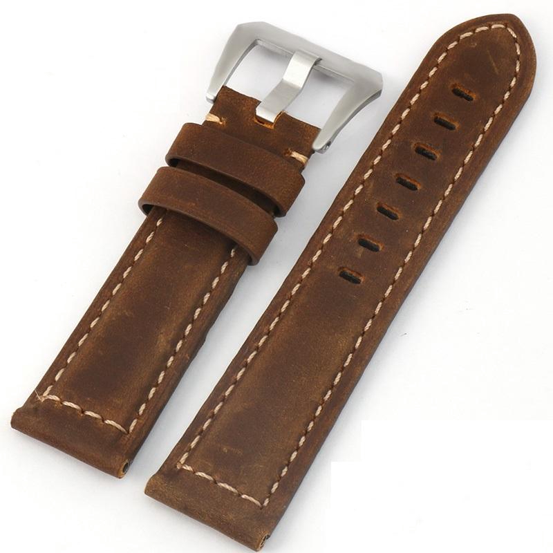 20mm 22mm 24mm 26mm Watch Band Vintage Calf Leather Band Strap Brushed Steel Buckle for Panerai Radi