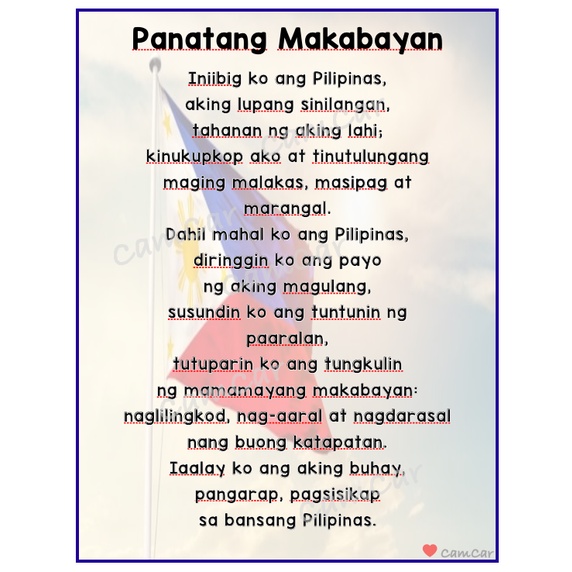 Panatang Makabayan Laminated Wall Chart - Filipino, Sibika, Araling ...