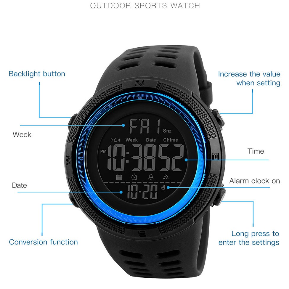 SKMEI  Official 1251 50m Waterproof Men's Digital Sports Watch Multi-function EL Light Alarm clock relo watches