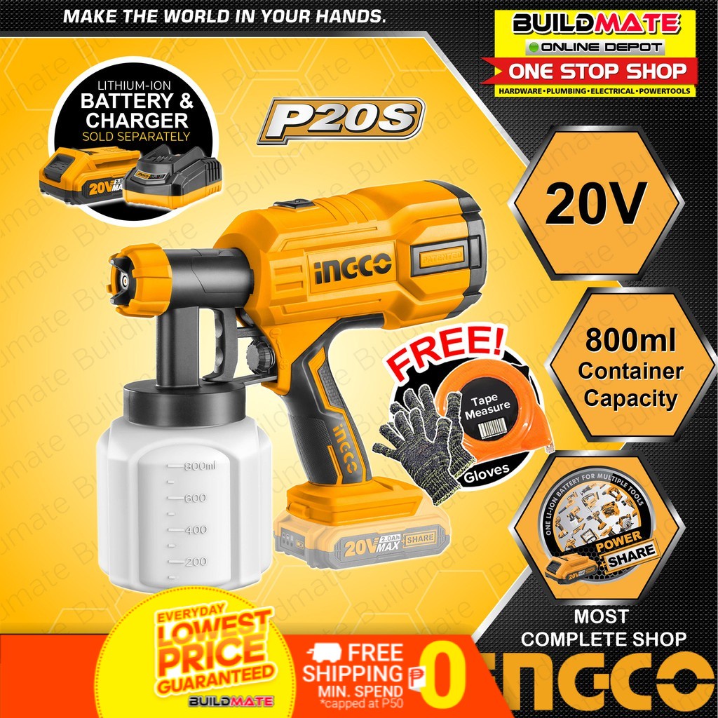 INGCO Cordless Paint Spray Gun Set Wireless 20V CSGLI2001 POWERSHARE ...