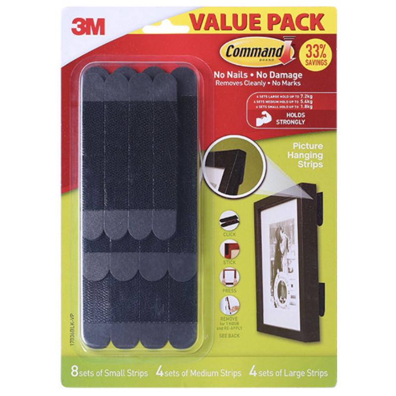 Black 3M Command Picture Hanging Strips Small Medium Large Value Pack