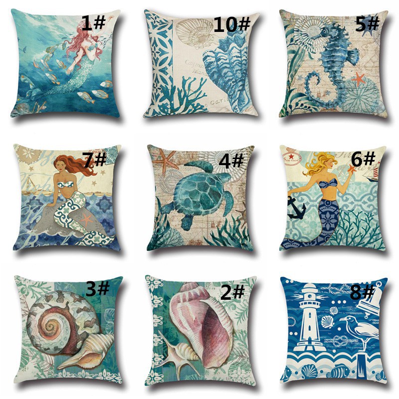 Sea Life Mermaid Cotton Linen Throw Pillow Case Cushion Cover Home