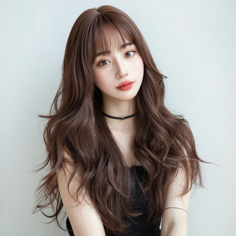 □Korean hairstyle female long curly hair net celebrity fashion medium long  hair wig set temperament | Shopee Philippines