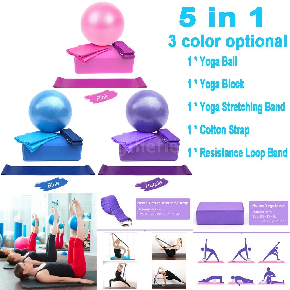 5 Piece Yoga Sets Beginner Equipment Include Fitness Mini Yoga Ball Yoga Blocks Stretch Strap Resistance Loop Bands Exercise Yoga Cotton Strap 10 inch 