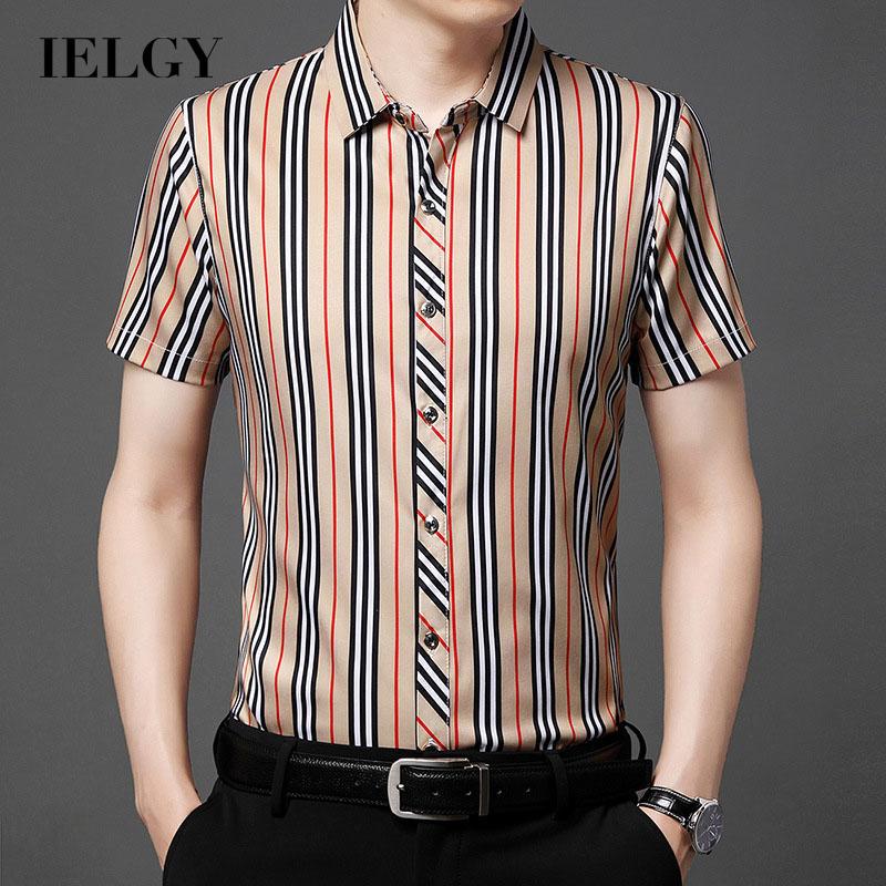 IELGY Men's Striped Thin Lapel Casual Fashion Half Sleeve Shirt ...