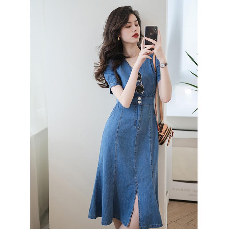 Quick delivery)Short-Sleeved V-Neck Denim Dress Women Summer Thin Style  High-End Feeling High-