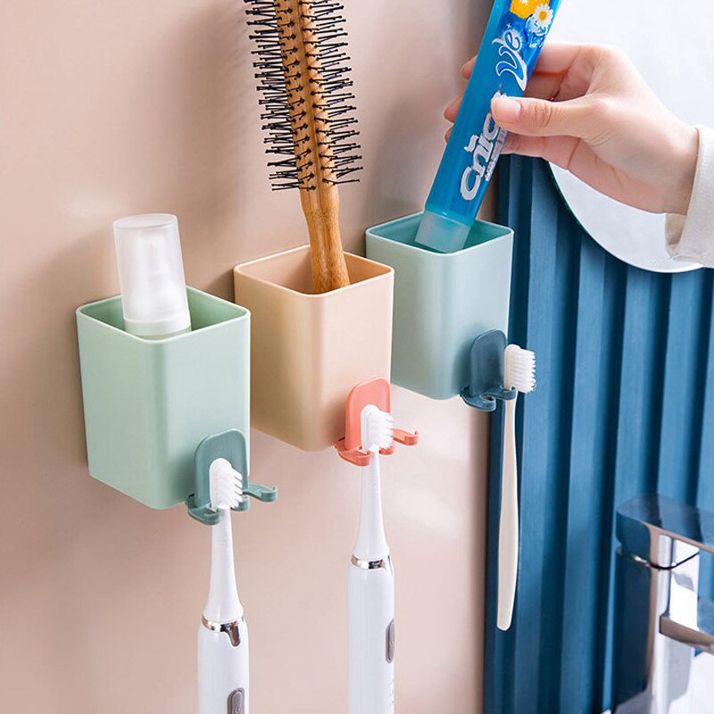 3 in 1 Multipurpose Wall-mounted Toothbrush Rack Punch-free Cup Toothpaste Holder Bathroom Storage Box