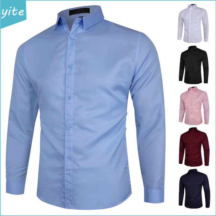 Men Shirt Casual Plain Business Long Sleeve Slim Fit Shirts 6 Colors