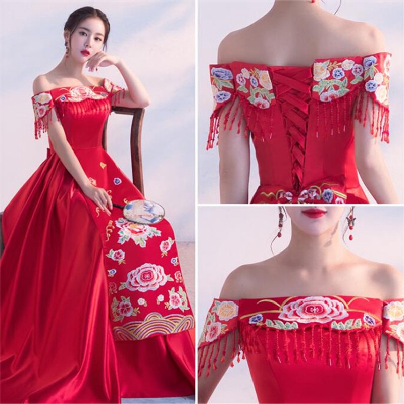 Chinese Dress Red Flowerembroidery Dress Bride Wedding Dress