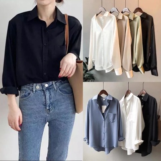 【CHIFFON+SATIN】Women Long Sleeve Blouse Fashion Casual Black Plus Size Tops White Polo Collar Shirt #4