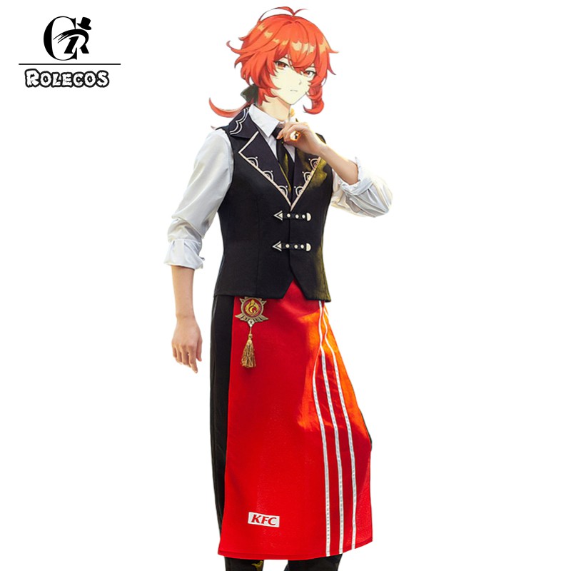 2021☃﹊rolecos Game Genshin Impact Diluc Cosplay Costume Kfc Diluc Cosplay Costume Men Waiter