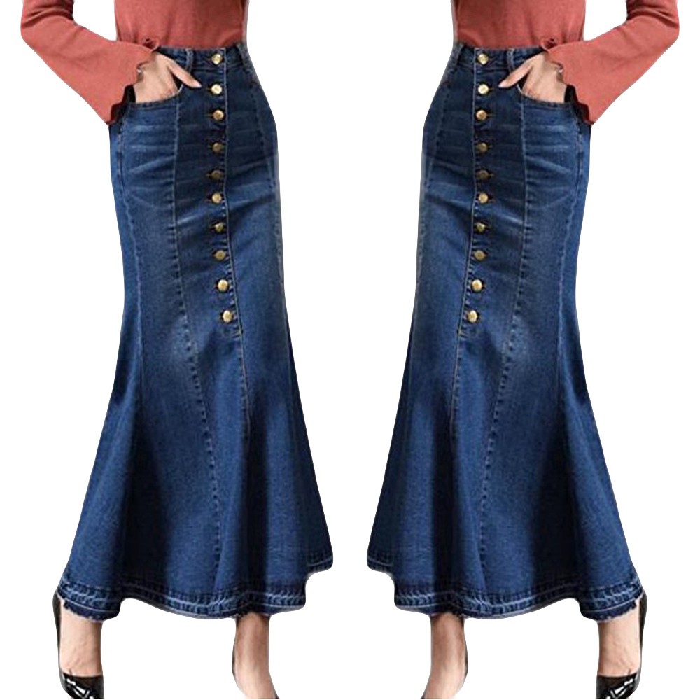 denim maxi skirt button front
