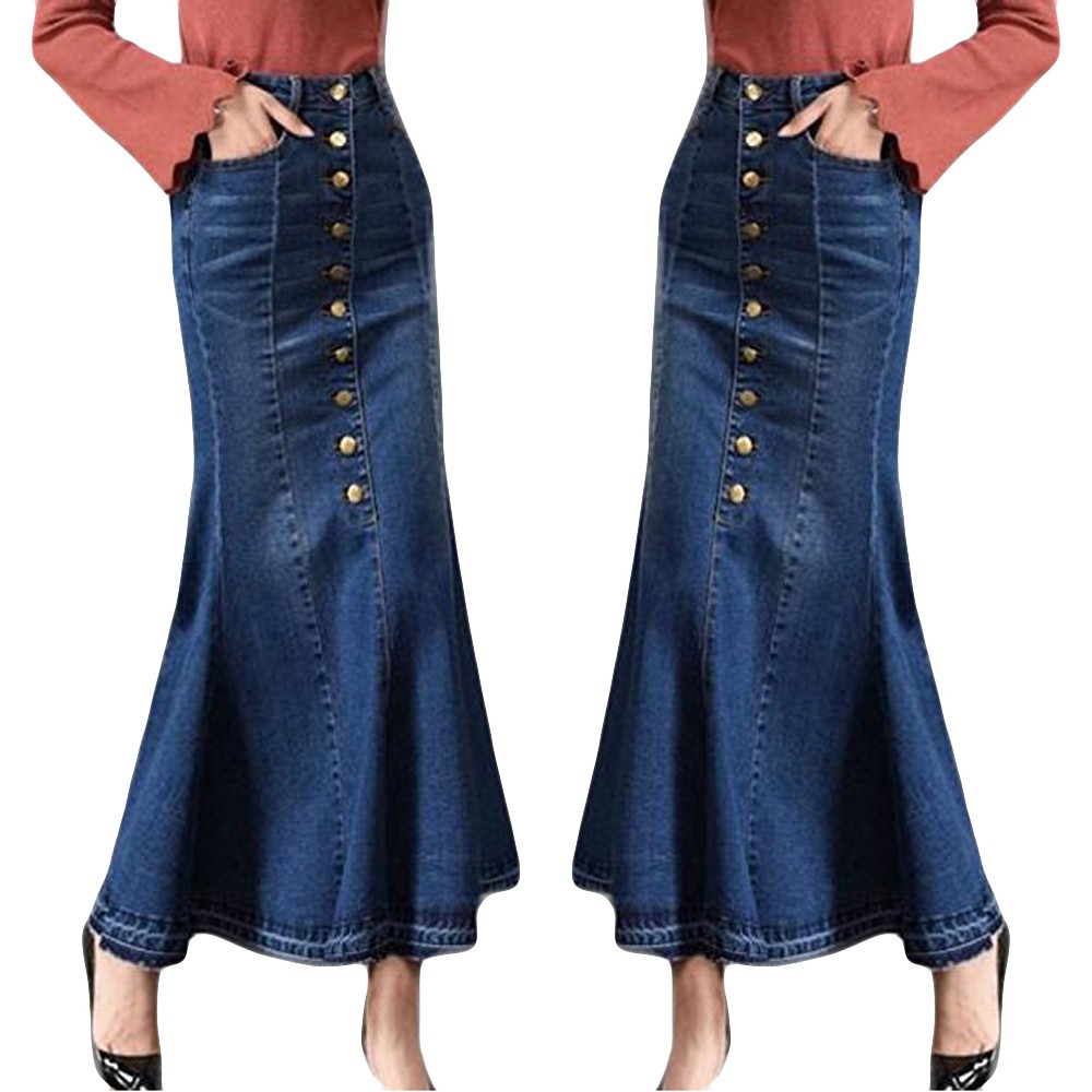 denim maxi skirt button front