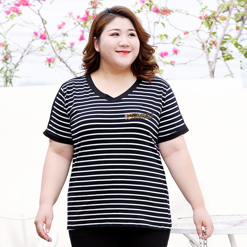 Fat Mother Striped V-Neck T-Shirt Short-Sleeved Plus Size Women'S Clothing  Fat Mm Loose And Thin 280 | Shopee Philippines