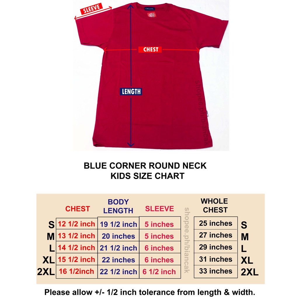 Blue Corner Polo Shirt Size Chart