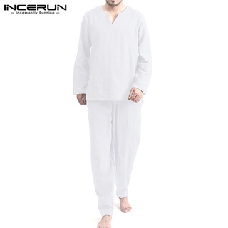 INCERUN Men Casual Long Sleeve Solid Color Shirt+Long Pant Cotton Pajama Set