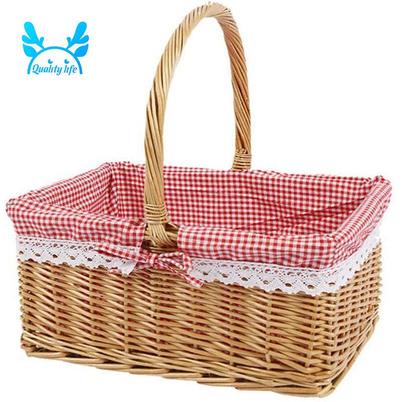 Picnic Basket Wicker Basket Shopping Basket Rectangle Red Liner Handle Gift Basket Bread Basket Vegetable Basket