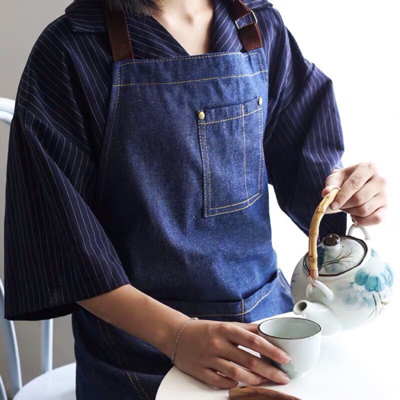 Denim Cotton Apron Women Men Barista Manicure Gardener Baking Cafe Japanese Blue 