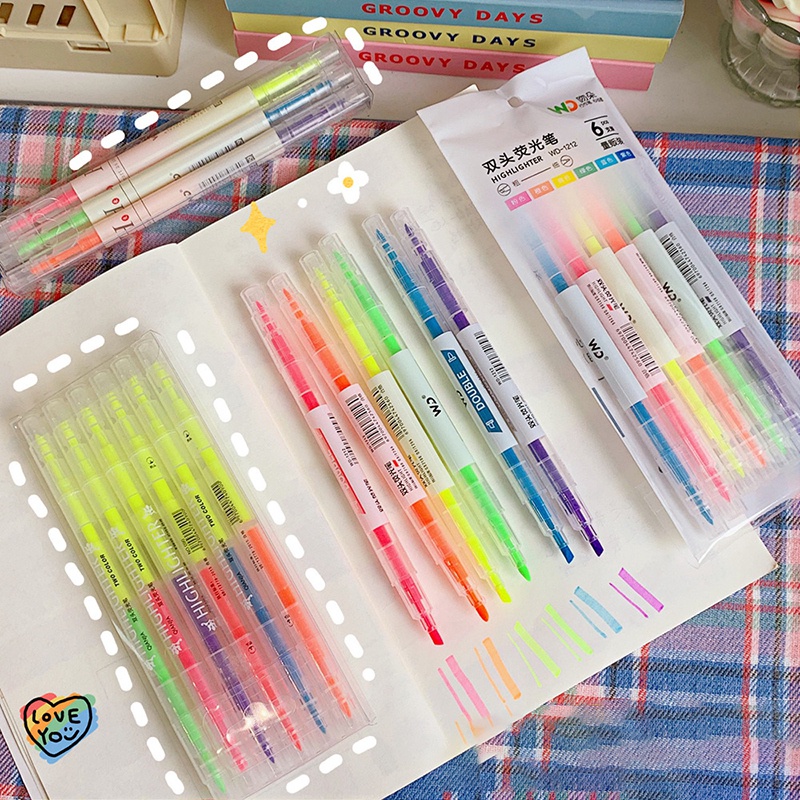 1Pack Double-ended Highlighter Student Marker Pens Multi-color Pen Drawing Writing Pen Stationery Portable
