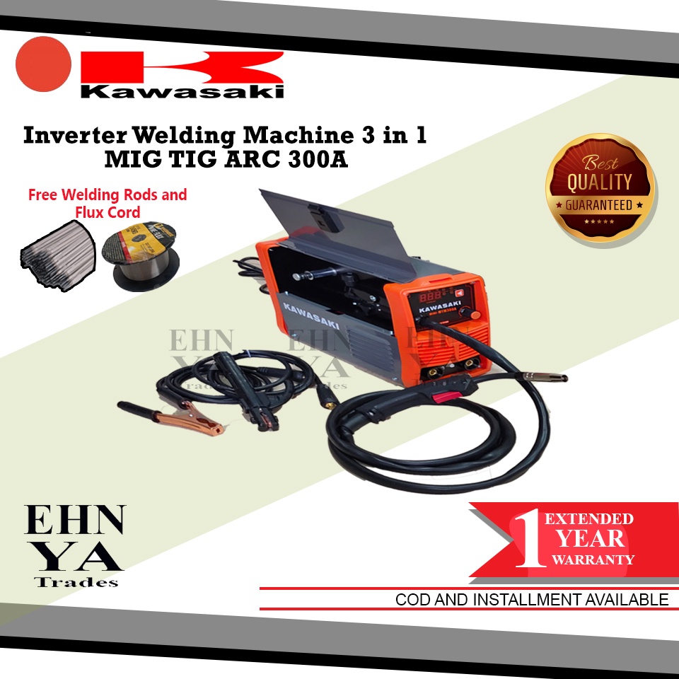 Kawasaki MIG TIG ARC 3 in 1 Gasless Inverter Welding Machine with FLUX