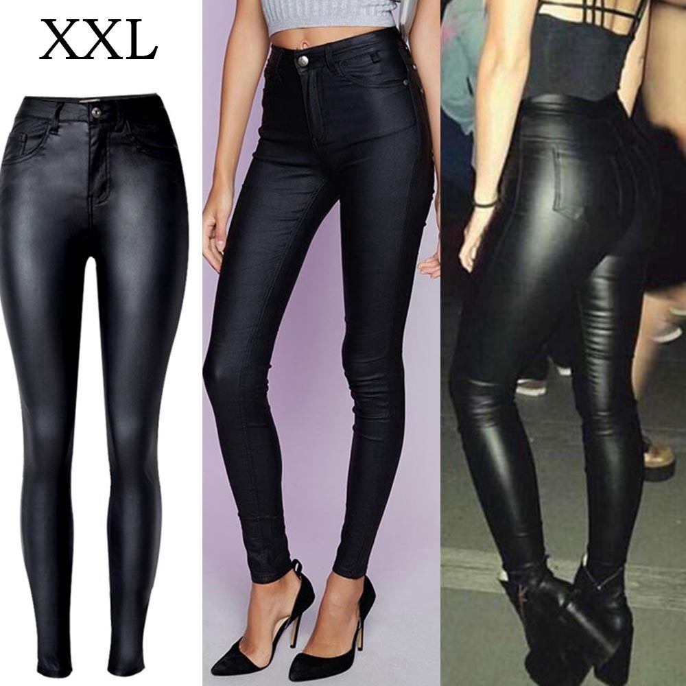 high waisted leather coated jeans