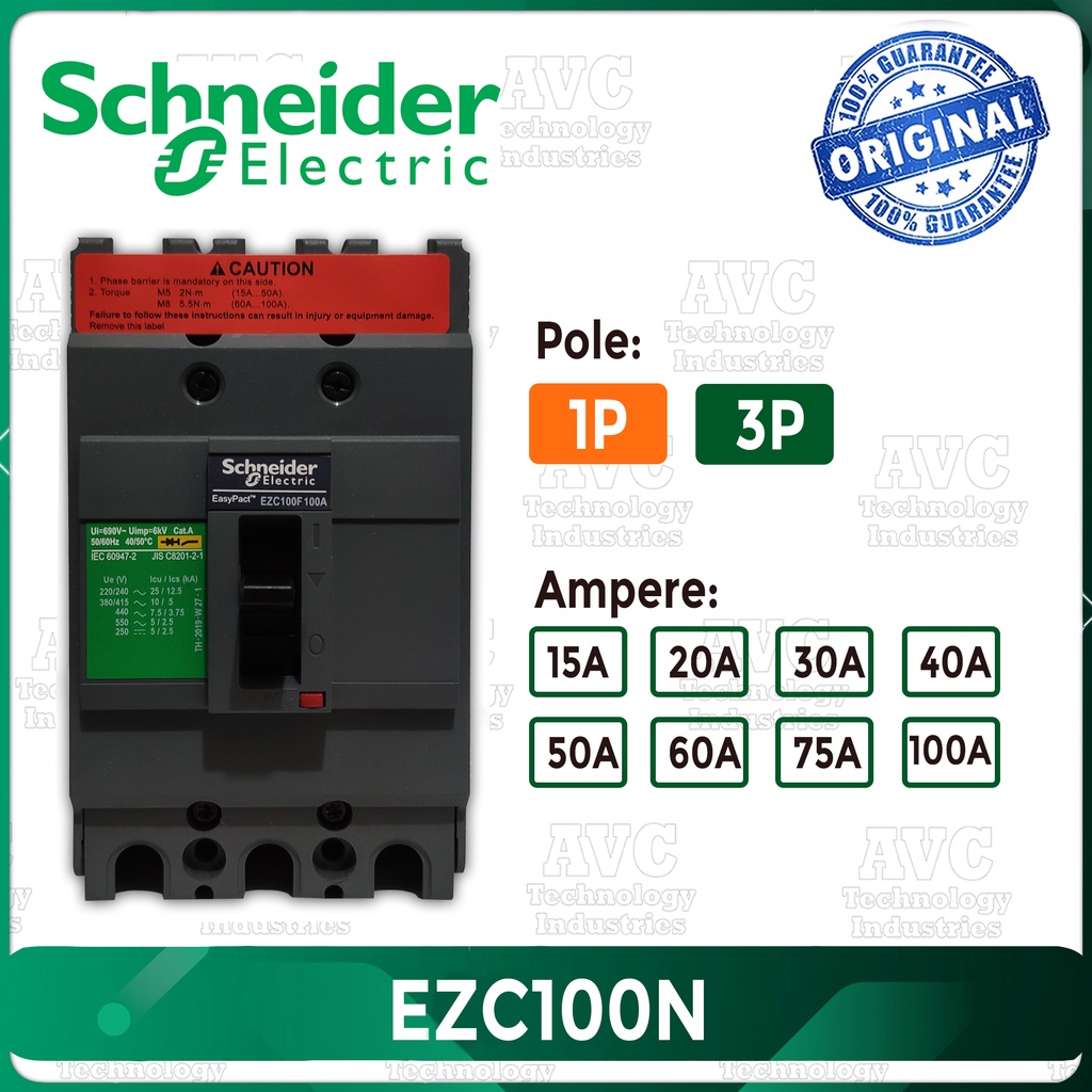 SCHNEIDER Easypact Circuit Breaker EZC100N 1Pole 3Pole 15A 20A 30A 40A ...
