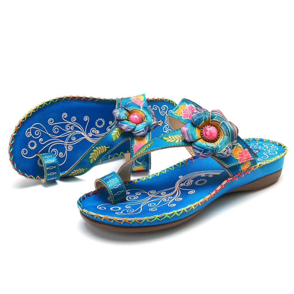 socofy bohemian leather adjustable hook loop printing forest sandals