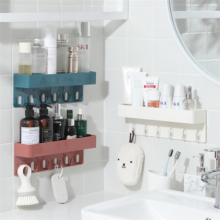 Self Adhesive Bathroom Rack with 6 Wall Hooks Shelf Bathroom Organizer ...