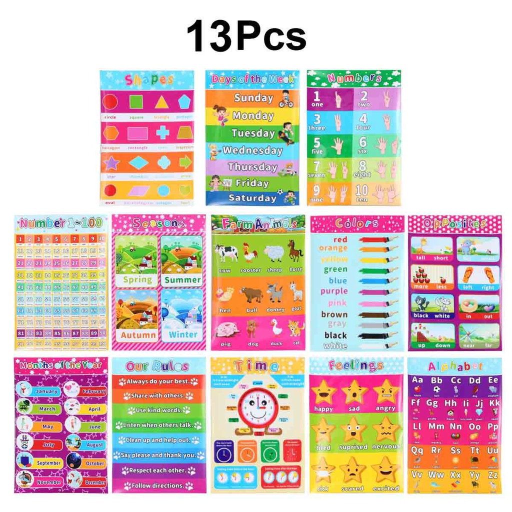 13pcs Educational Preschool Posters Charts Toddler Kids Kindergarten