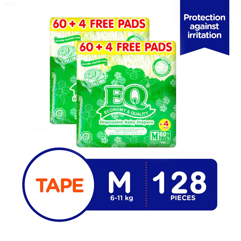 EQ Colors Jumbo Pack Medium 64's x 2 packs (128 pcs) - Tape Baby Diapers