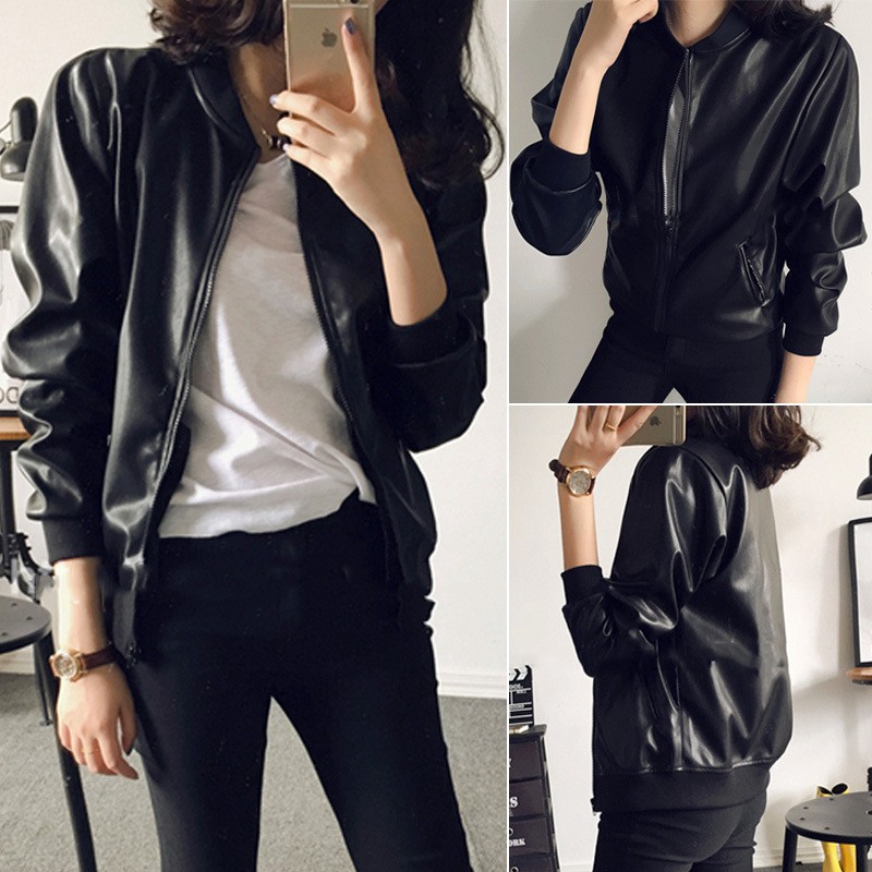 Ready Stock fashion Contracted Black Bomber PU Leather Jacket Short ...