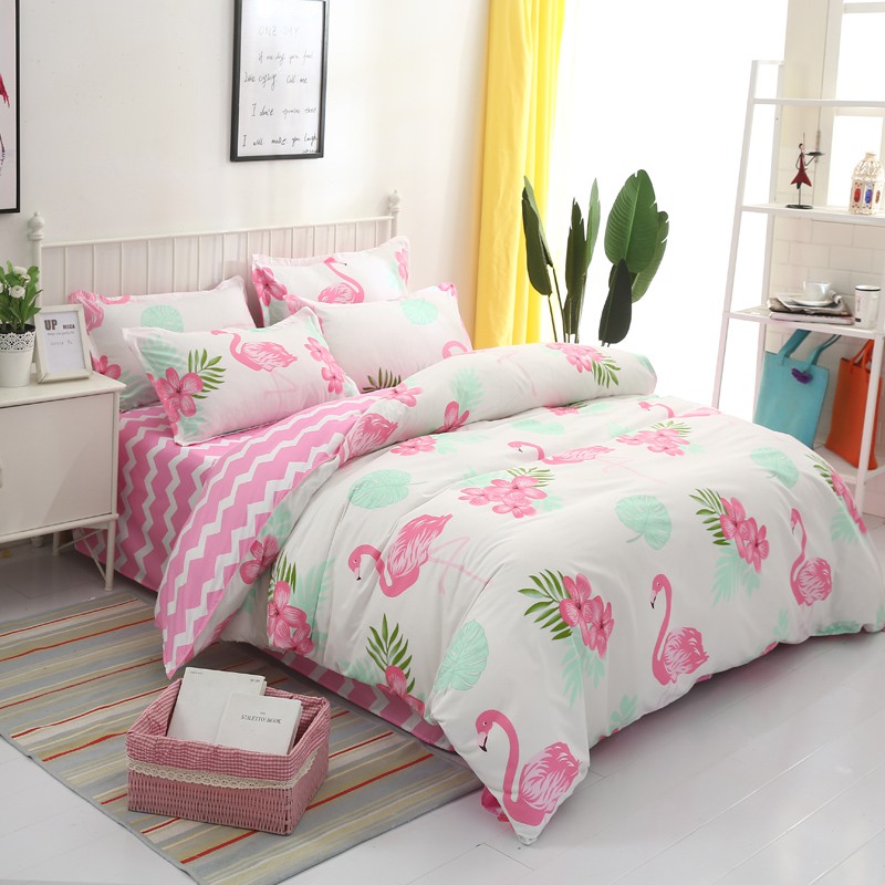 Hot Sales Bedding Set Pink White Striped Flat Sheet Flamingo Duvet