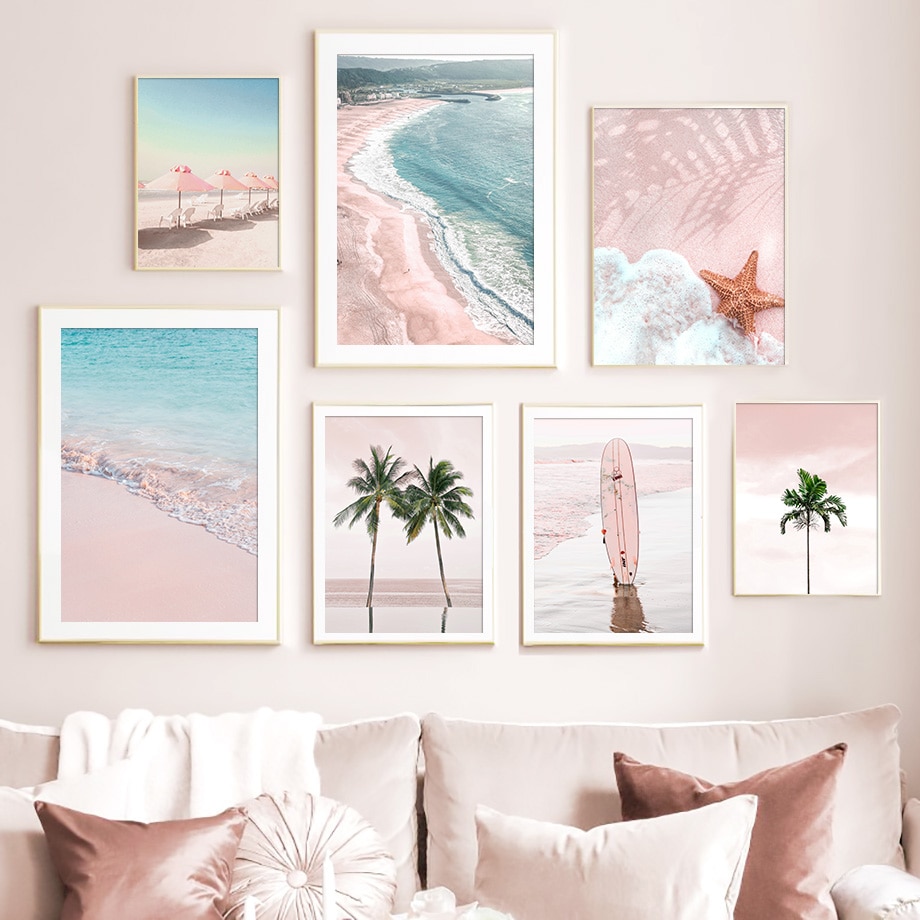 Pink Beach Surfboard Parasol Coconut Tree Wall Art Canvas Painting ...