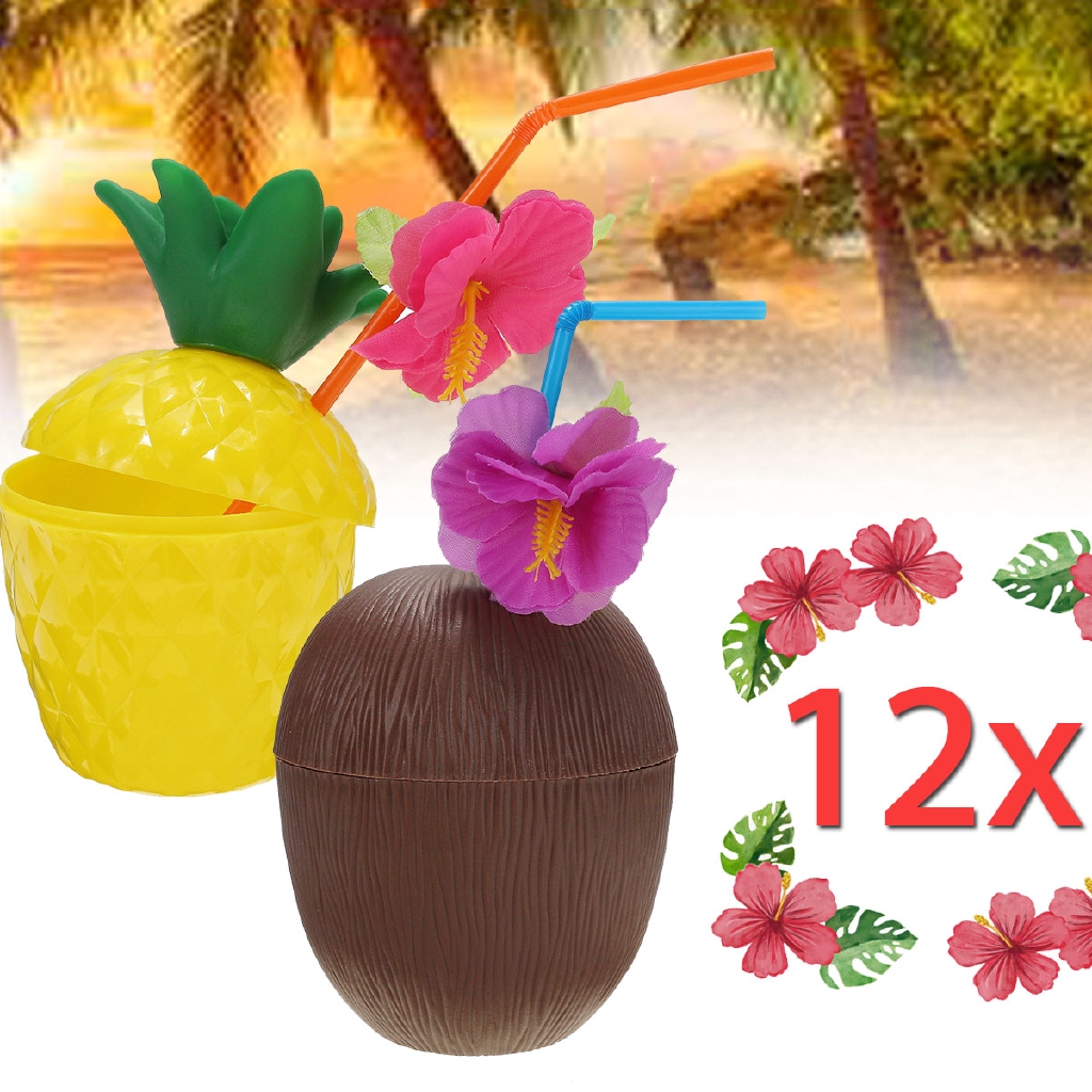 12Pcs Hawaiian Cup Drink Luau Hula Tropical Plastic Party Coconut Tableware New