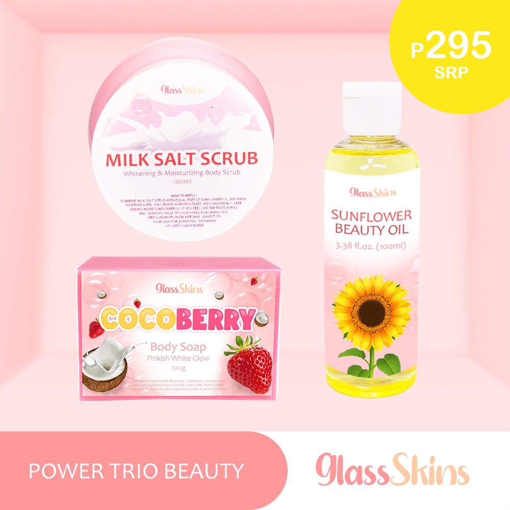 GLASS SKINS Power Trio Beauty Set Milk Salt Scrub, Cocoberry, Sunflower