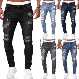Korean Style Casual Attire Slim Fit Tattered Ripped Denim Jeans For Men 7599/7600/7601