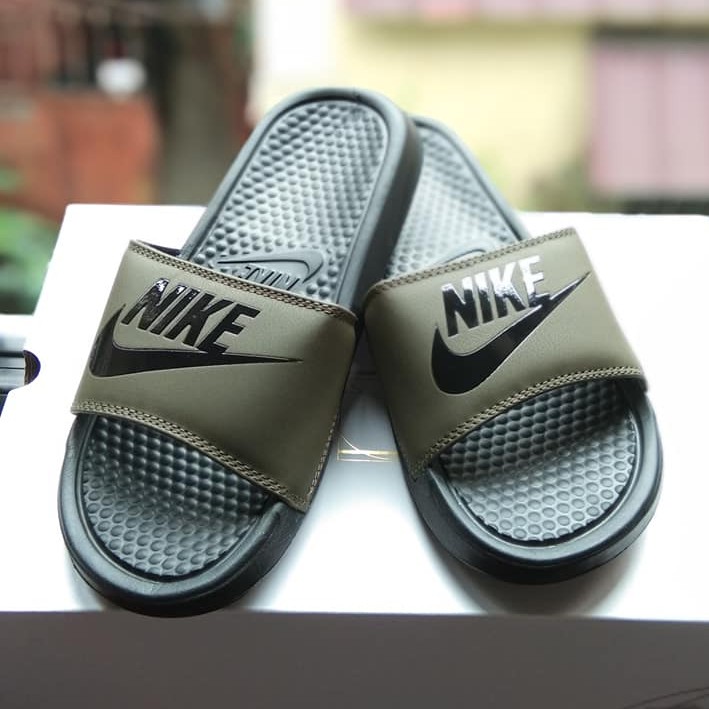 nike slippers green and black