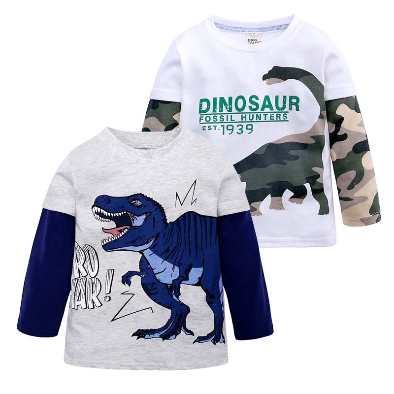 Cartoon Dinosaur Boys Long Sleeve T Shirt For 2 7years Old Cotton Children Kids Boys Fake Two Pieces Tops Tees T Shirt Spring Autumn Shopee Philippines - dino shirt for 30 boy shirts roblox