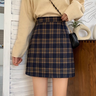（COD）Women's Retro plaid skirt looks thin and versatile A-line short skirt with high waist and buttocks