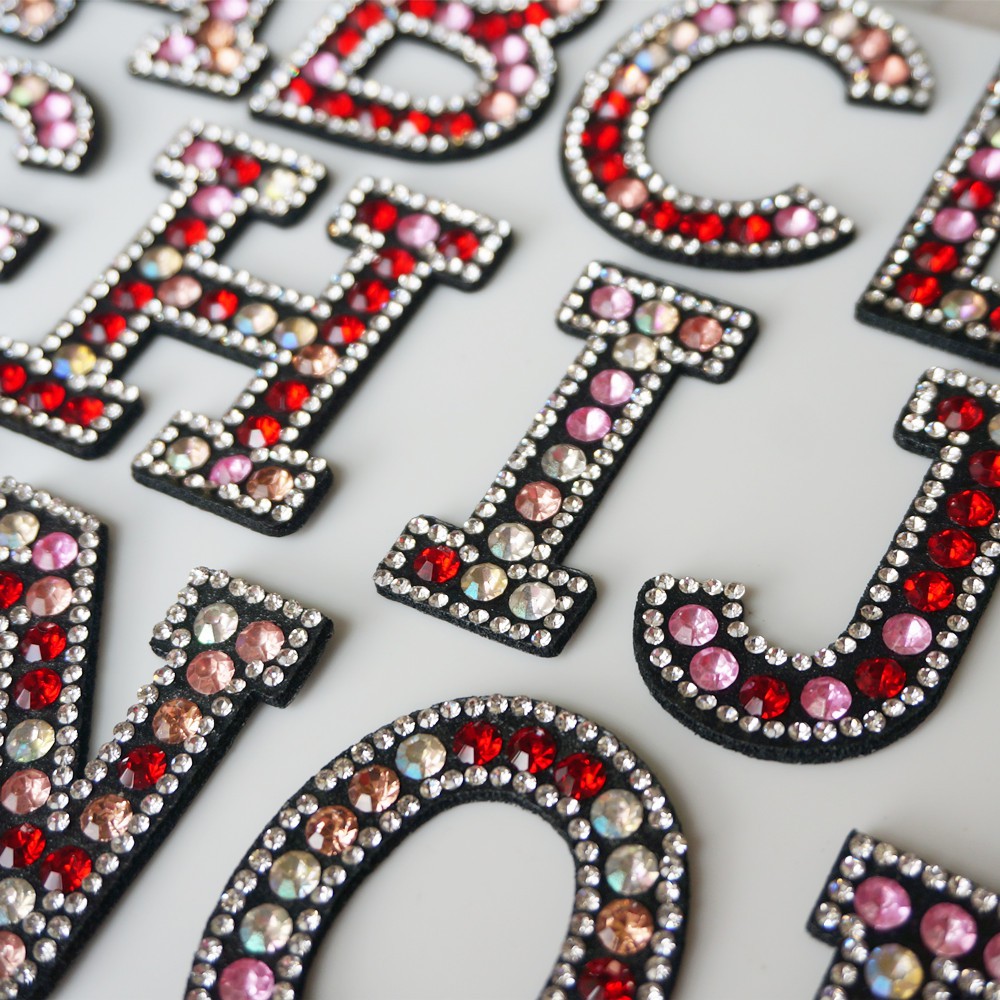 A-Z Pink Red Rhinestone English Letter Alphabet Sew Iron On Patch Badge 3D Handmade Letters Patches Bag Hat Jeans Applique DIY Crafts