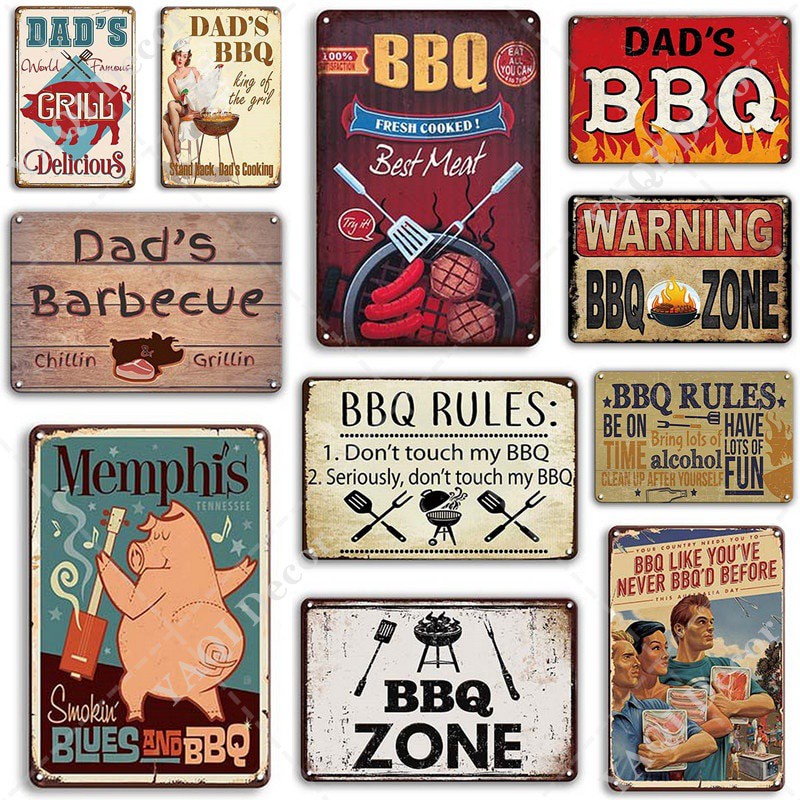 J.DXHYA Tin Poster Metal Sign 12 X 12 BBQ Barbecue Zone Round Novelty Funny Home Decor Wall Plaque Retro Vintage Signs 