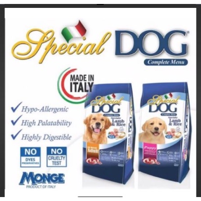 ◑Monge Special Dog ADULT 9 KG / 20 LBS Complete Menu All Breed Adult Dog Food Lamb and Rice Made in